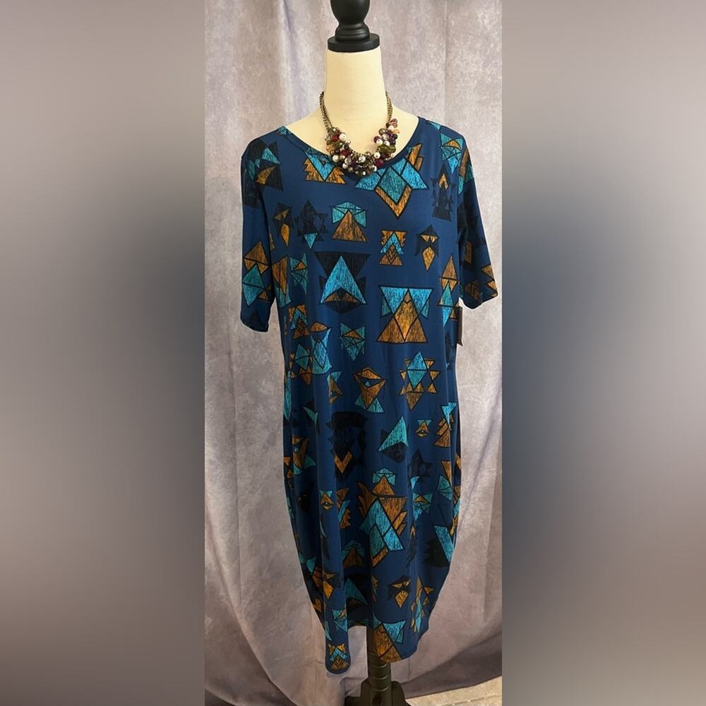LuLaRoe Women's Geometric Design Blue‎ Good and Black Knee Length Dress Size 3XL